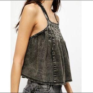FREE PEOPLE MARINA BLACK DENIM PLEATED TOP MEDIUM BOHO CHIC